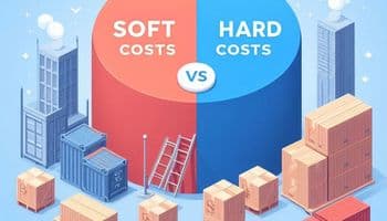 A graphic illustrating the difference between soft costs vs. hard costs in a pie chart or bar graph format