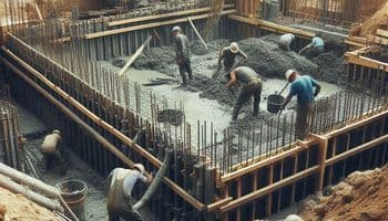 Workers excavating and forming a basement foundation.