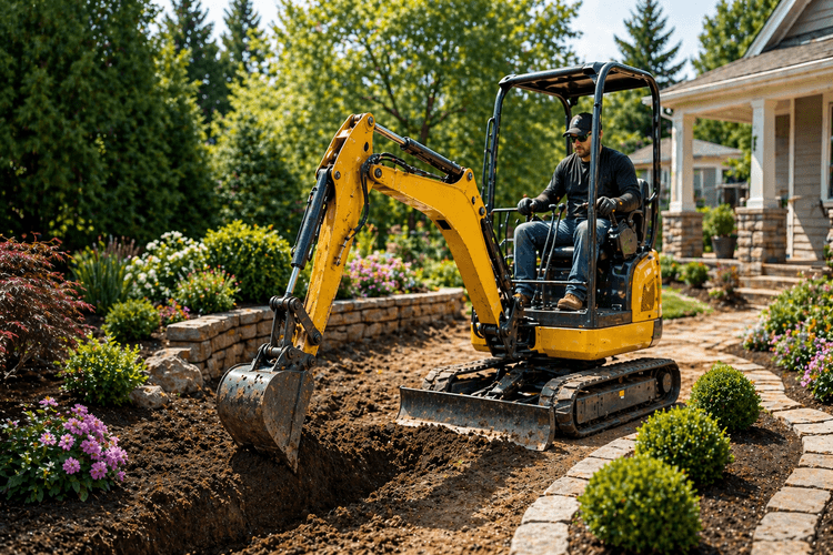 Excavator at work in the garden