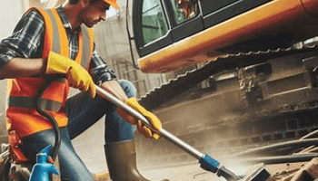 Construction Worker Cleaning Around Heavy Equipment
