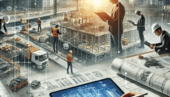 Depicting a modern construction site with engineers and project managers reviewing detailed work packages.