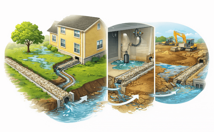 French drain in action across scenes