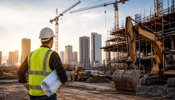 Construction site at sunset with skyline