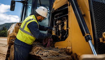 Construction worker maintaining bulldozer engine