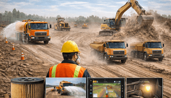 Worker in safety vest observing heavy equipment operations on dusty construction