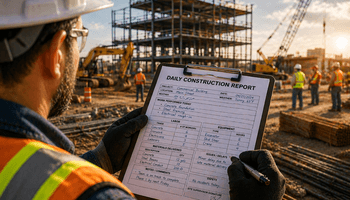 Construction worker filling out daily report.