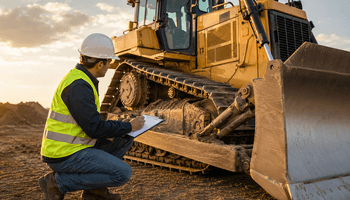 Inspecting machinery at sunset construction site