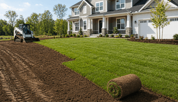 Newly landscaped suburban home with sod