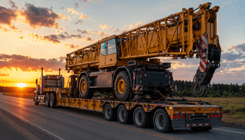 Sunset transport with crane on highway