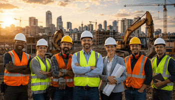 Construction team at sunset with cranes
