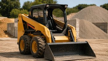 Construction loader in sunlit yard