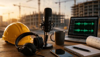 Construction podcast setup at sunset.