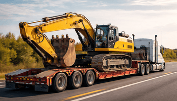Lowboy trailer hauling excavator
