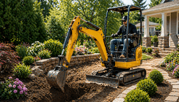 Excavator at work in the garden