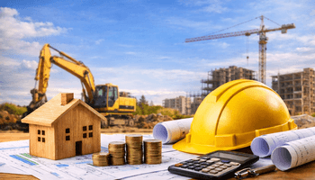 construction loan down payment concept with house model, coins, blueprints, and construction equipment