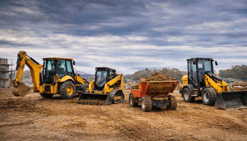 construction vehicles at sunset on site