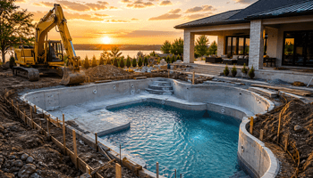 Pool construction at sunset with lake view