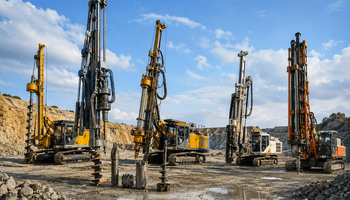 Industrial drill rigs in quarry landscape
