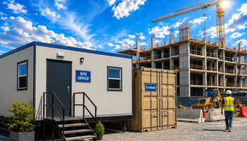 Construction site with office and crane