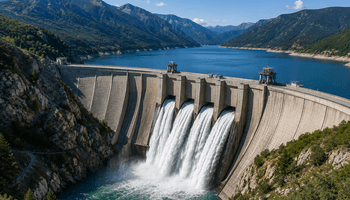 Mountain dam with cascading water