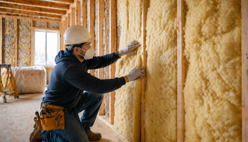 Worker installing insulation in framed wall.