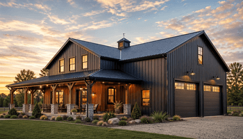 Rustic barn-style house at sunset.