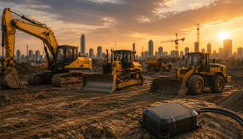 Construction site at sunset with machinery