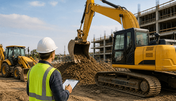 Construction site with heavy machinery and worker