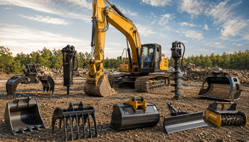 Heavy machinery showcase under dramatic sky