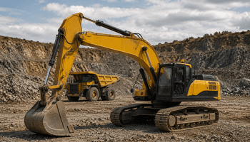 Excavator and dump truck in quarry