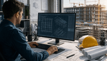 Architect workspace with construction view.