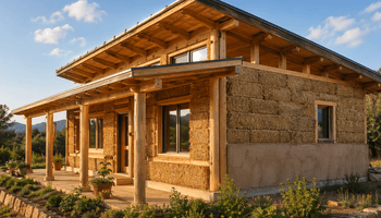 Eco-friendly straw bale cottage at sunset