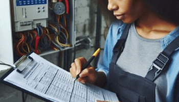 Electrician reviewing permit illustration.