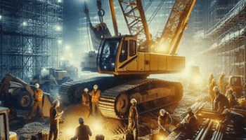 An image capturing construction crew working with heavy machinery at night.