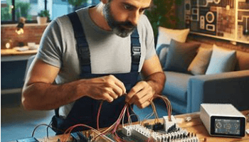 Electrician wiring a smart building system.
