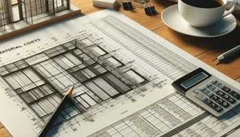 A spreadsheet with material costs next to a blueprint.