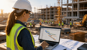 Construction scheduler reviewing project timeline on jobsite