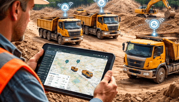 Manager monitoring trucks at construction site image.