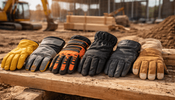 Construction gloves at sunset site.