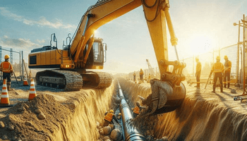 Excavator digging a trench for pipeline installation.