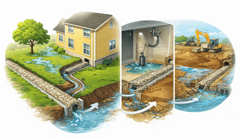 French drain in action across scenes